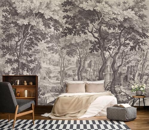 Vintage Monochrome Forest River Landscape Peel and Stick Wallpaper - Image 3