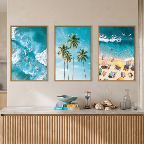 Aryroi Summer Surfing Beach Seascape Framed Canvas Wall Art Set, Natural - Image 3