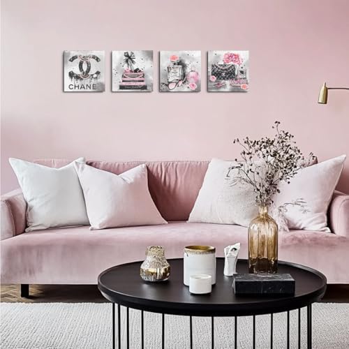 4 Pcs Pink Fashion Canvas Wall Art Black and White Decor Grey Wall Decor - Image 3