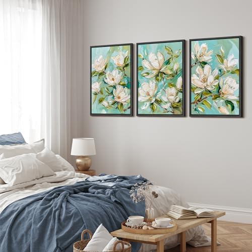 MUDECOR Framed Canvas Print Wall Art Abstract Magnolia Flower Teal Green - Image 3
