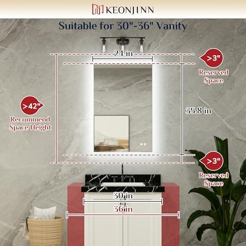 Keonjinn 24" x 36" LED Mirror for Bathroom, Backlit Mirror 6000K Daylight - Image 2