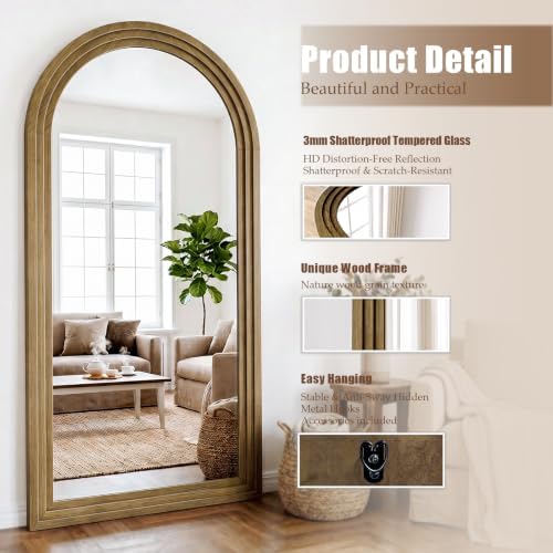 30"x71" Full Length Mirror Solid Wood Frame, Arched Floor Mirror Full Length - Image 3