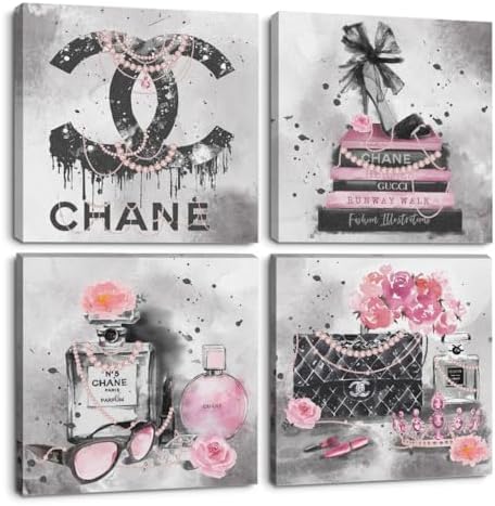 4 Pcs Pink Fashion Canvas Wall Art Black and White Decor Grey Wall Decor by QINGTAI
