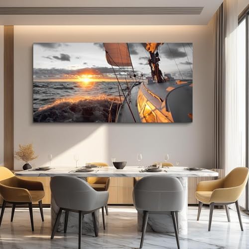 Yxbhhym Coastal Wall Art Black and White Sunset Boat Beach Painting Large - Image 2