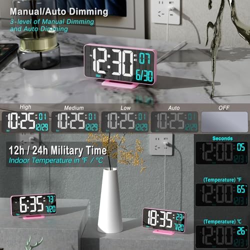 Pink Digital Clock for Bedroom 6.7in Dual Alarm Clock - Image 3