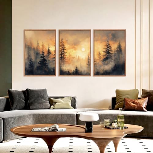 HLNIUC Nature Forest Sunset Framed Canvas Wall Art, Large Landscape Misty - Image 3