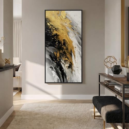 Large Framed Black White and Gold Abstract Wall Art, Vertical 30x60 In - Image 2