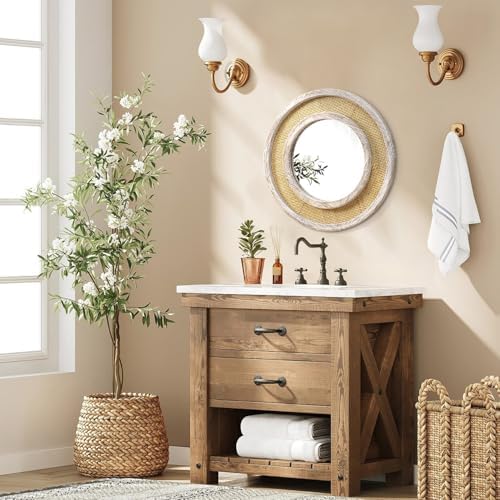 JJUUYOU Round Mirror Wood Framed Circle Rattan Hanging Mirrors - Image 7