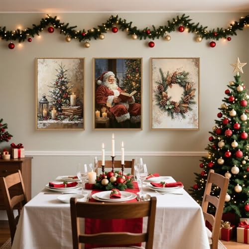 HOURIA Vintage Christmas Tree Santa Claus Framed Canvas Wall Art Set, Rustic - Image 4