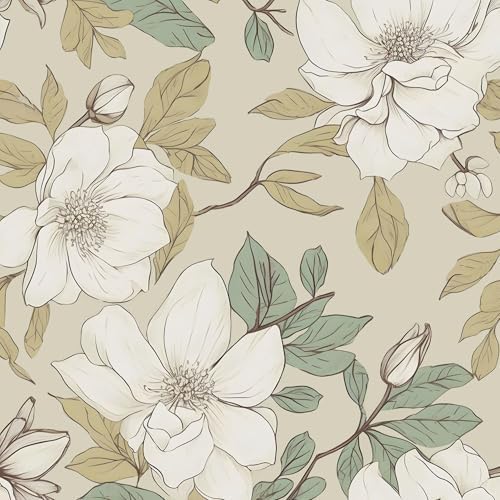 Laatse Beige Magnolia Floral Peel and Stick Wallpaper 17.5"x393" by Laatse