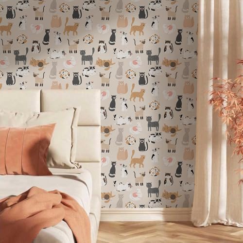 MuralPeel Modern Cute Beige Boho Cat Yarn Animal Pet Peel and Stick Wallpaper - Image 2