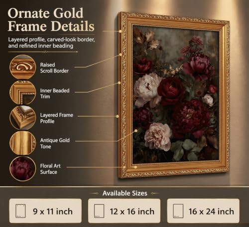 Vintage Gold Framed Floral Wall Art Dark Moody Flower Botonical Canvas Painting - Image 2