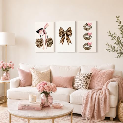 3Pcs Trendy Leopard Print Canvas Wall Art, Fashion Bow Cherry Lips Y2k Poster - Image 3