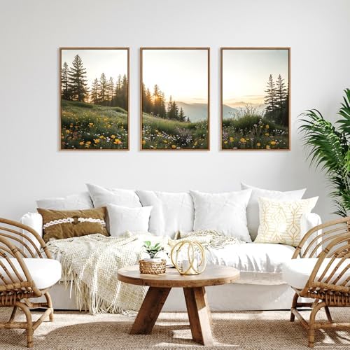 FWIEXA Green Forest Mountain Framed Canvas Wall Art Set, Wildflower Meadow Wall - Image 4