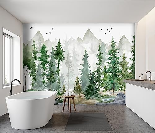 -Green Cartoon Pine Forest Nursery Fabric Wallpaper - Image 3