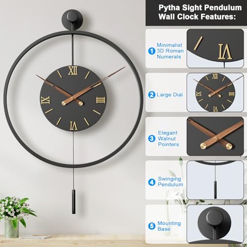 Pytha Sight 34.6×24 Inch Large Metal 3D Roman Numerals Pendulum Wall Clock - Image 2
