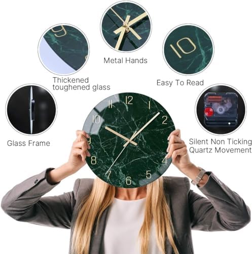 VIKMARI 10" Emerald Green Silent Glass Analog Wall Clock Home Bedroom Decor - Image 5