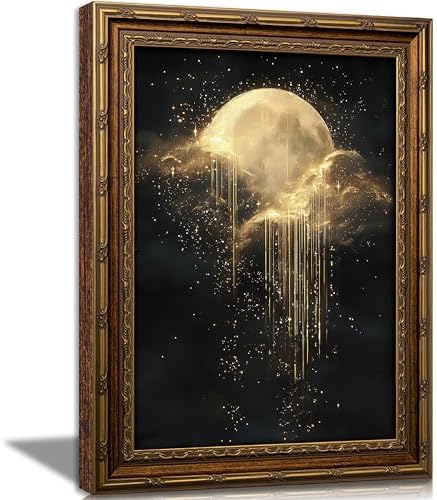 Vintage Gold Framed Moon Cloud Wall Art, Dark Academia Sky Canvas Print by VintageGoldFramedwallart