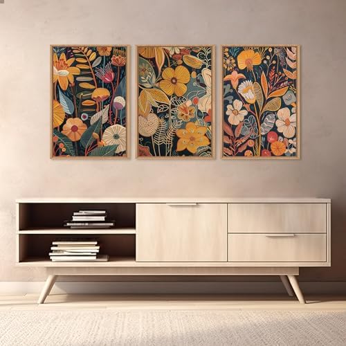 FWIEXA Burnt Orange Floral Framed Wall Art Set of 3, Large Mid Century Modern - Image 4