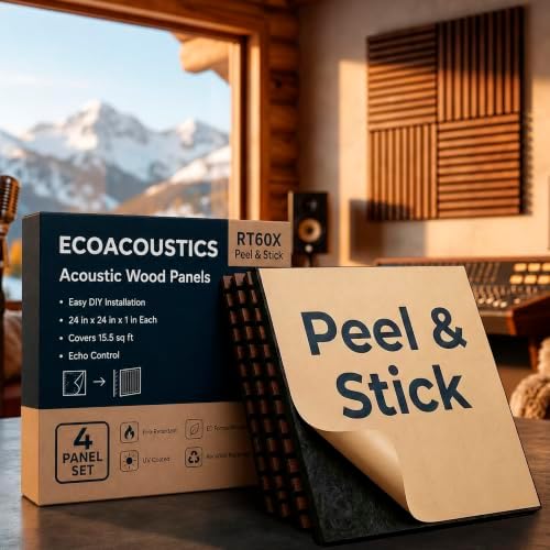4-Pack Peel & Stick Studio-Grade Acoustic Wood Wall Panels 24x24x1" | Mocha by ECOACOUSTICS