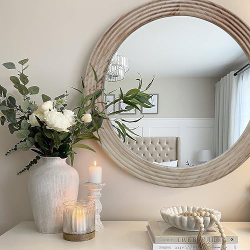 LOSOUR Round Mirror, Farmhouse Decor Solid Wood Frame Wall Circle Mirror - Image 2