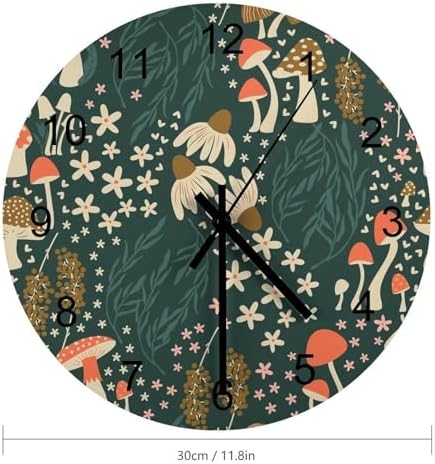 Botanical Wood Wall Clock, Cartoon Green Botanical Floral Leaves Mushroom Plant - Image 2