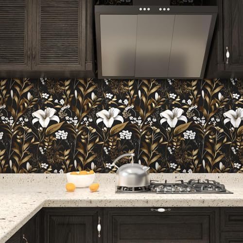 Laatse Vintage Dark Black Golden Floral Peel and Stick Wallpaper 17.5"x197" - Image 4