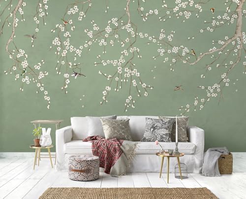Cliouar-Decor Beautiful Wallpaper Birds and Flower Green Background Peel and by Cliouar