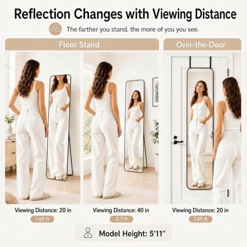 57x16" Full Length Mirror Floor Stand, Over the Door, Wall Mounted Black - Image 4