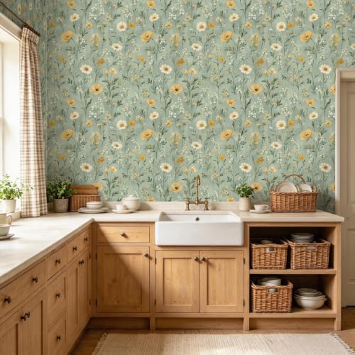 BOKEBEVE Green Floral Wallpaper Peel and Stick Boho Yellow 17.5 x 118In - Image 5