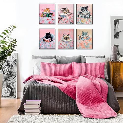 Cute Cat Reading Poster Set of 6 Funny Black Cat Book Lover Canvas Wall Art - Image 4