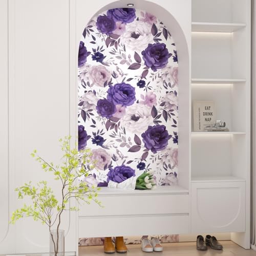 BOKEBEVE Super Long White Purple Floral Peel Stick Wallpaper 17.5 x 787In - Image 5
