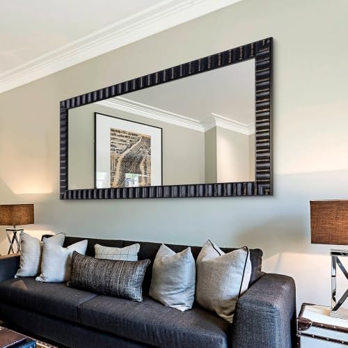 Modern Wooden Black Bedroom Mirror, Rectangular Relief Frame, Tempered Glass - Image 6
