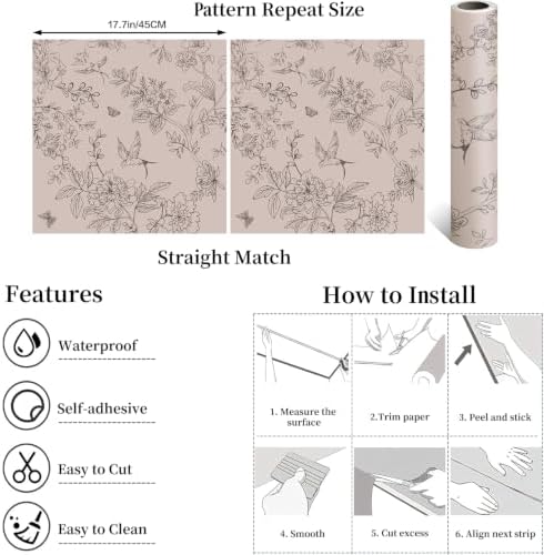 Froluya Brown Floral Peel and Stick Wallpaper Shelf Liner 17.7in×196.8in - Image 5