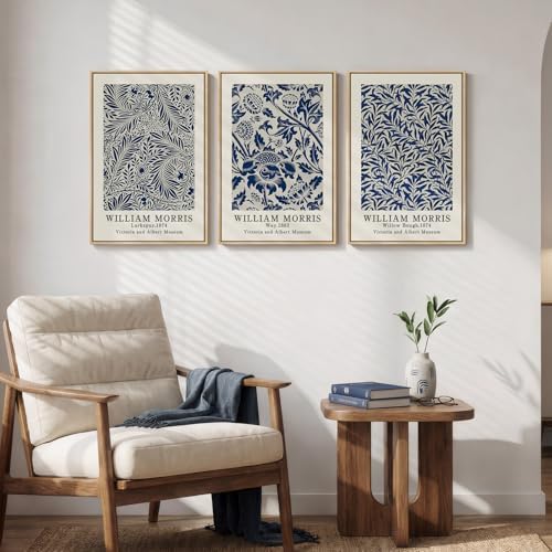 Framed William Morris Blue Botanical Canvas Wall Art Set of 3, 16x24 In - Image 4