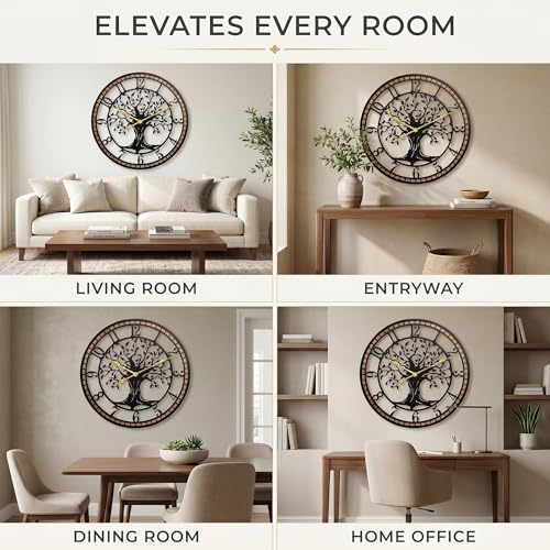 24" Tree of Life Wood and Metal Wall Clock, Rustic Decor - Image 5