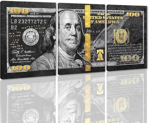 Yatsen Bridge Money Wall Art Black and Gold 3 Panel 100 Dollar Bill Canvas Print by YatsenBridge