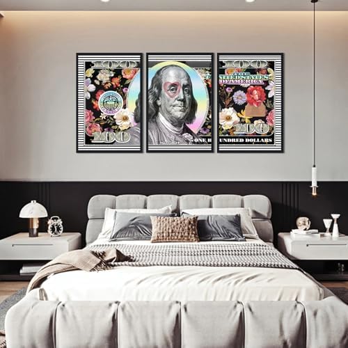 Black Framed Wall Art Canvas Money 100 Dollar Flowers Painting 3 Panels - Image 4