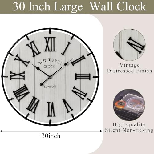 EMAX HOME Large 30 Inch Farmhouse Wall Clock, Rustic Distressed Wooden Face - Image 4