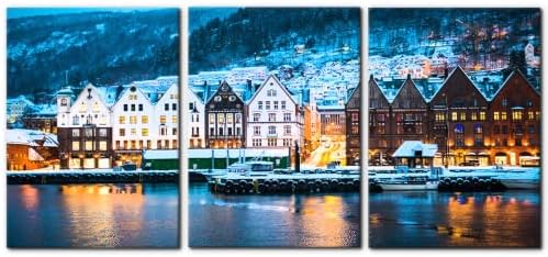 Pacimo 3 Piece Norway Cityscape Canvas Wall Art, Bruges Night View Print by Pacimo