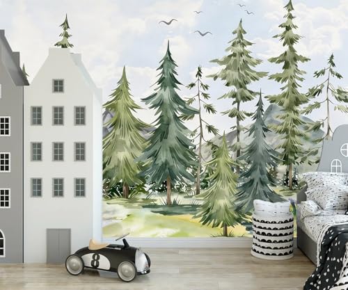 PYFFYP-Watercolor Cartoon Forest Pine Tree Peel and Stick Wallpaper Mural - Image 2