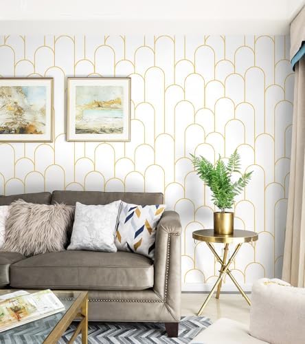 Yasinet Peel and Stick Wallpaper White and Gold Wallpaper Modern Geometric - Image 3
