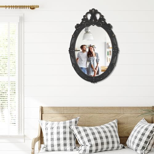 Vintage Black Hanging Mirror, Oval Carved Wood Frame Wall Mounted Mirrors - Image 3
