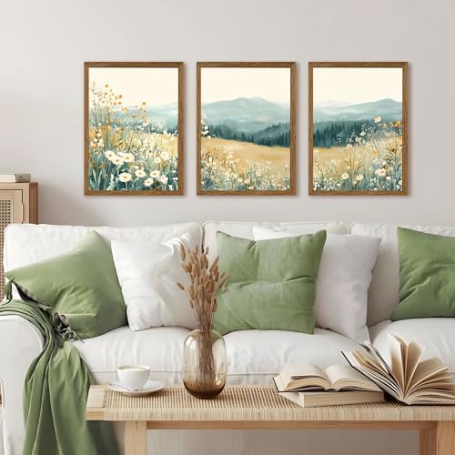 AVECCO 3 Pieces Wildflower Meadow Mountain Framed Canvas Wall Art 12x16 in - Image 2
