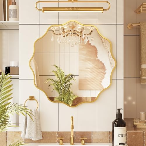 Kelly Miller 28" Gold Round Scalloped Mirror, Wavy Edge Decorative Mirror by KellyMiller