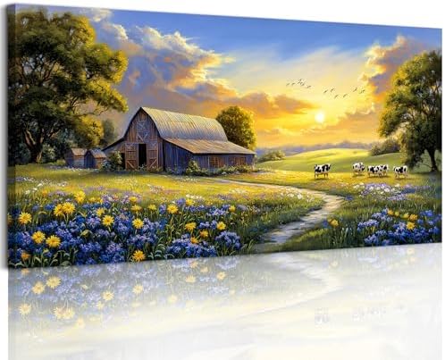 crmotu Rustic Farmhouse Wall Art, Farm Cow Sunset Paintings 20X40 In by crmotu