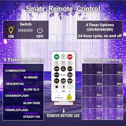 HXWEIYE 300LED Fairy Curtain Lights, 9.8x9.8Ft USB, 8 Modes & Timer - Image 4