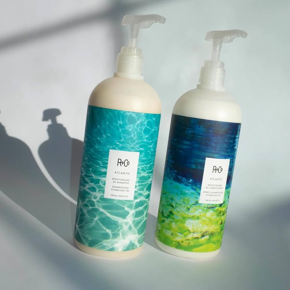 R+Co Atlantis Moisturizing B5 Hair Shampoo and Conditioner Set (1 Liter) + R+Co High Dive Travel Size (.5 Oz) | Body + Shine + Smoothing for All Hair Types | Vegan + Cruelty-Free |