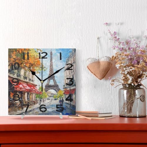 8 Inch Square Wall Clock, Colors Streetscape Paris Eiffel Tower Painting Non - Image 4