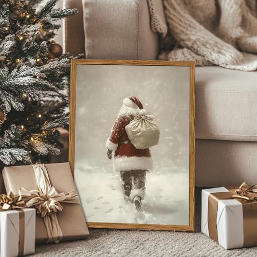 Framed Vintage Christmas Canvas Wall Art, Rustic Santa Claus Walking Snowy Wall - Image 5
